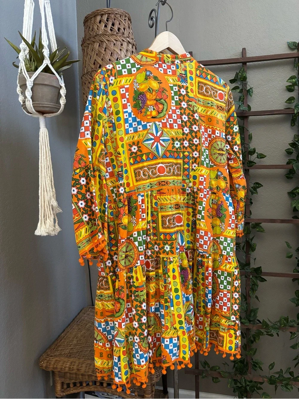 Colori Di Mare Majolica Print Embellished Mini Dress Boho Tassel Hem Tunic - Picture 11 of 13